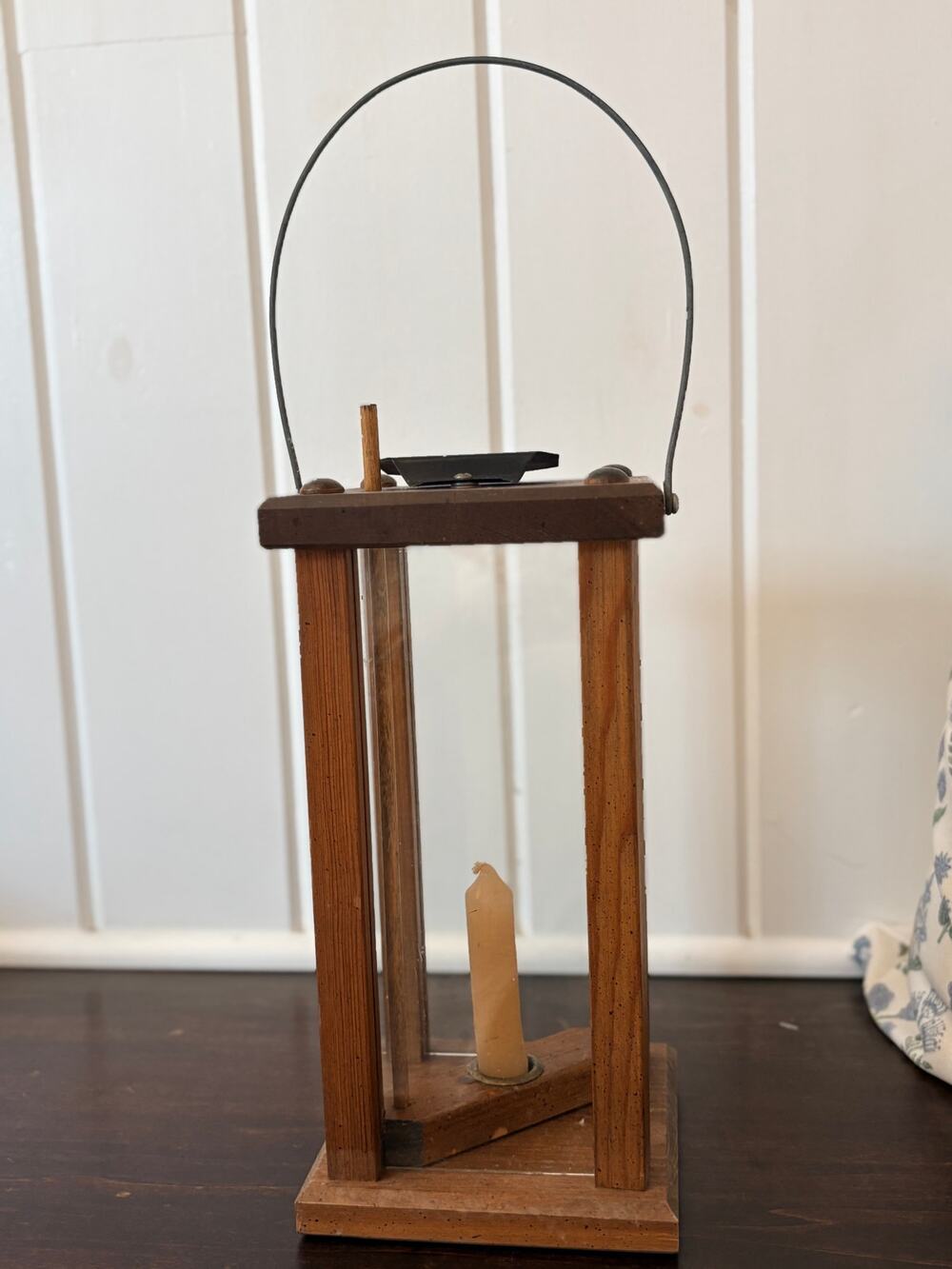 Vintage Wood Glass Candle Lantern Primitive Rustic Farmhouse Hanging Decor